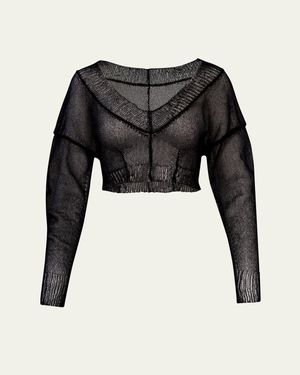AISLING CAMPS Gossamer Sheer Knit Crop V-Neck Sweater - Black