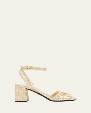 Prada 65Mm Madras Woven Metallic Leather Ankle-Strap Sandals - Natural