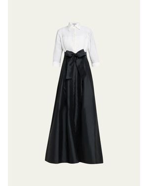 Teri Jon Two-tone 3/4-sleeve Taffeta Shirtdress Gown - Blue