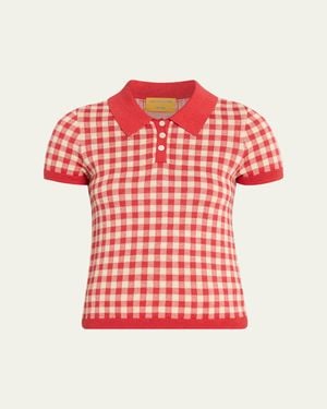 Guest In Residence Gingham Shrunken Silk-Linen Polo - Red