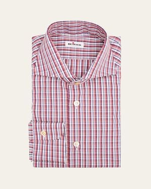 Kiton Cotton Degrade Check Spread Collar Dress Shirt - Pink