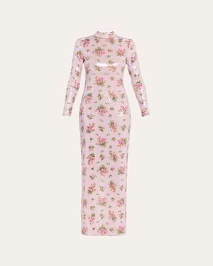 Brandon Maxwell Sequined Floral Long-Sleeve Column Maxi Dress - Pink