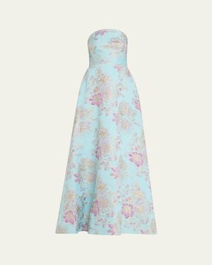Teri Jon Strapless Metallic Floral Jacquard Gown - Blue