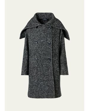 Akris Lamb Shearling Collar Double-Breasted Wool Herringbone Coat - Black
