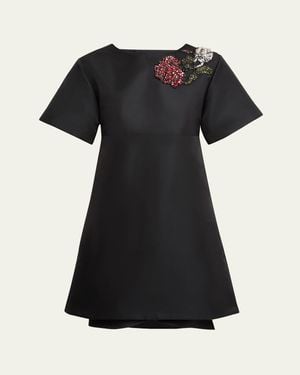 McQueen Crystal Rose Short-Sleeve Taffeta Mini Dress - Black