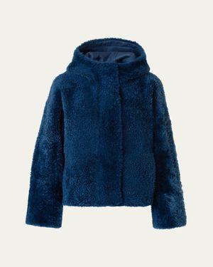 Akris Gracie Lamb Shearling Hooded Jacket - Blue