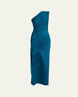 Balmain One Shoulder Fluid Jersey Ruched Gown - Blue