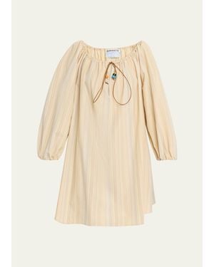 BERNADETTE Tie-Neck Striped Cotton Long-Sleeve Mini Dress - Natural