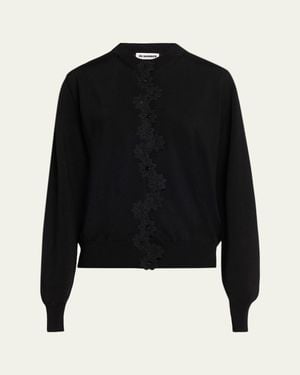 Jil Sander Floral Embroidered Cotton-Blend Crewneck Cardigan - Black