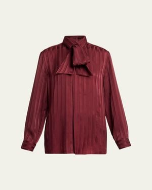 Saint Laurent Striped Silk Jacquard Cassandre Lavalliere Blouse - Red
