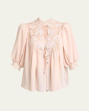 Chloé Lace-Trim Puff-Sleeve Organic Silk Crepe De Chine Top - Pink