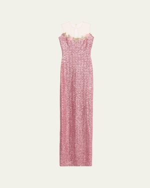 Naeem Khan Illusion Yoke Sequined Floral Applique Sleeveless Gown - Pink