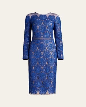 Tadashi Shoji Sequin Illusion Lace Midi Sheath Dress - Blue