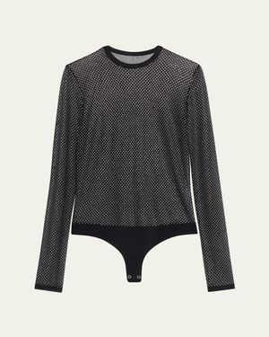 Michael Kors Long-Sleeve Crystal Mesh Crewneck Bodysuit - Black