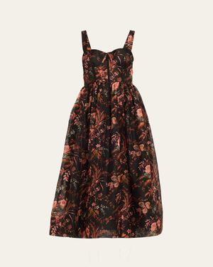 Cara Cara Phoebe Floral Linen And Silk Midi Bustier Dress - Brown
