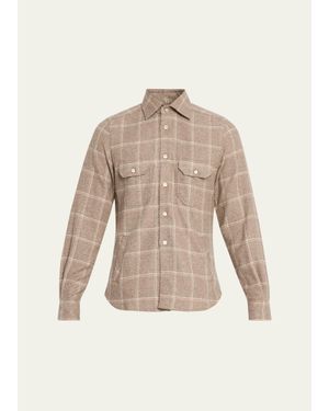 Kiton Cotton Windowpane Double-Pocket Button-Down Shirt - Natural