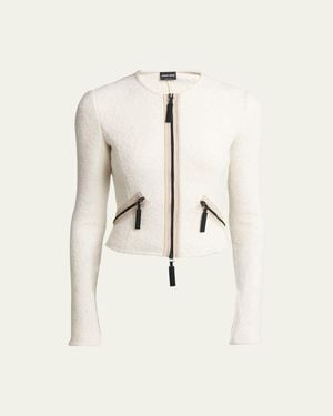 Giorgio Armani Contrast Grosgrain Zip-Front Cashmere Silk Jacket - Natural