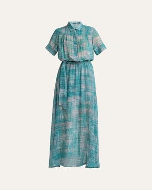 Kiton Check Silk Georgette Short-Sleeve Maxi Shirtdress - Blue