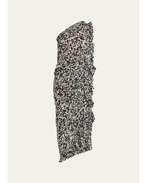 Dries Van Noten Dina One-Shoulder Abstract-Print Ruffle Midi Dress - White