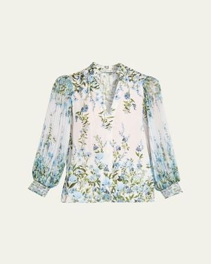 Alice + Olivia Ilan Pleated-Sleeve Blouse - Blue