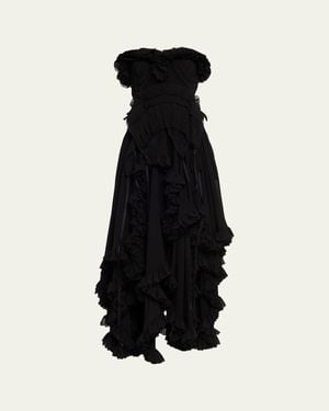 McQueen Strapless Draped Ruffle Silk Georgette Gown - Black