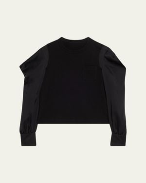 Sacai Satin Ruffle Sleeve Cotton Jersey T-Shirt - Black