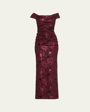 Teri Jon Ruched Metallic Floral Jacquard Column Gown - Red