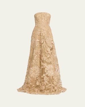 Naeem Khan Floral Raffia Strapless Gown - Natural