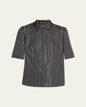 Maria McManus Striped Satin Bell Sleeve Button-Down Blouse - Gray