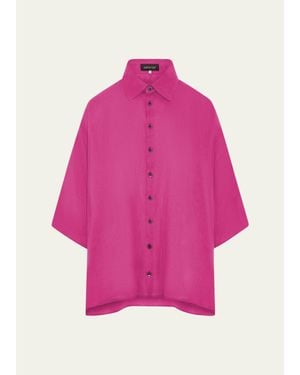 Eskandar Sloped Shoulder Wide A-Line Short Sleeve Shirt With Collar - Pink