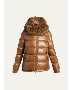Moncler Hypolais Short Down Jacket With Faux Fur - Natural