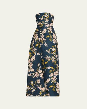 Monique Lhuillier Strapless Draped Wisteria Printed Gazar Gown - Blue