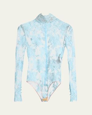 Valentino Garavani Turtleneck Long-Sleeve Lace Bodysuit - Blue