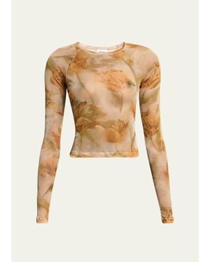 Saint Laurent Floral-Print Mesh Long-Sleeve Top - Multicolor