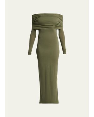 Balenciaga Off-The-Shoulder Transparent Jersey Maxi Dress - Green