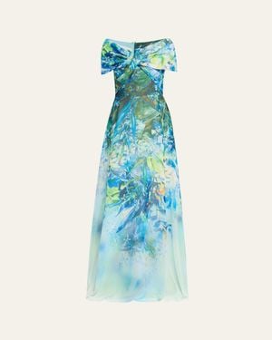 Teri Jon Off-Shoulder Floral-Print Chiffon Gown - Blue