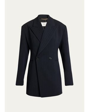 Saint Laurent Chalk Stripe Double-Breasted Wool Blazer Jacket - Blue