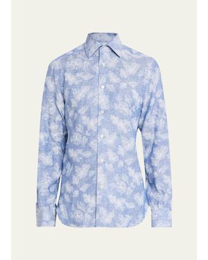 Kiton Floral Linen Button-Down Shirt - Blue