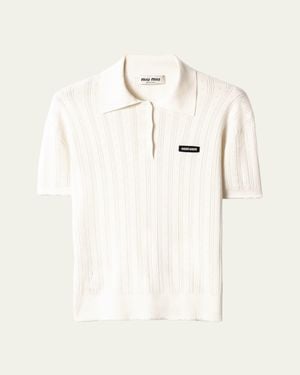 Miu Miu Cashmere-Silk Pointelle Knit Short-Sleeve Polo Top - Natural