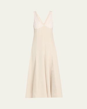 Maria McManus V-Neck Lace Godet Dress - Natural