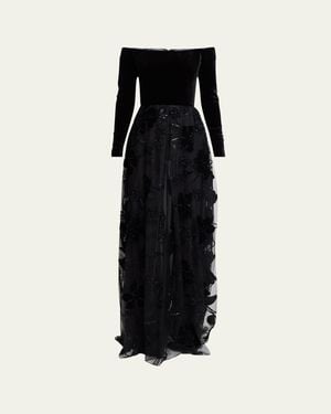 Elie Saab Off-The-Shoulder Velvet Sequined Tulle Gown - Black