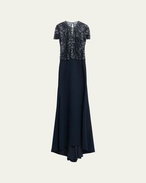 Naeem Khan Beaded Bodice Cap-Sleeve Fit-And-Flare Crepe Gown - Blue