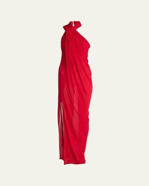 Balmain Cross Neck Draped Jersey Gown - Red