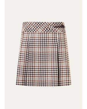 Akris Punto Houndstooth Tweed Wool-Blend Mini Kilt Skirt - White