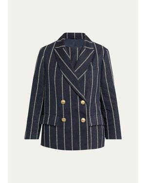 Brunello Cucinelli Double Pinstriped Denim Double-Breasted Blazer Jacket - Blue