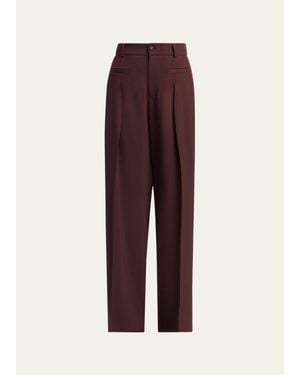 Kiton Pleated Wool-Silk Straight-Leg Pants - Purple