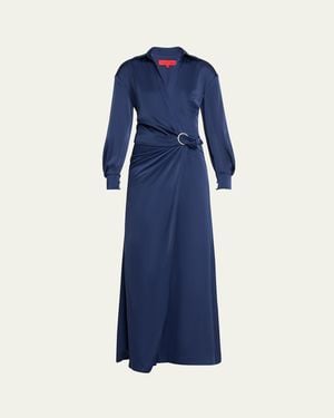 Halston Faux-Wrap Charmeuse Thigh-Slit Gown - Blue