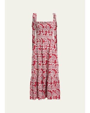 Erdem Floral Embroidered Cotton Smocked Sleeveless Midi Dress