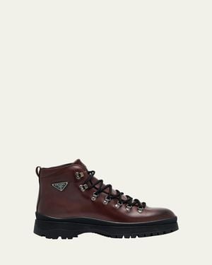 Prada Brixxen Leather Lace-Up Boots - Brown