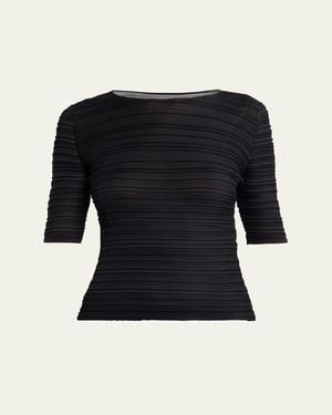 Issey Miyake Jiggly Pleated Plisse Elbow-Sleeve Top - Black